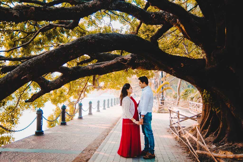 couple standing under big tree for pre wedding photoshoot